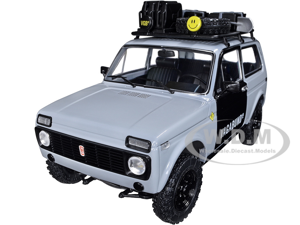 1980 Lada Niva Gray with Black Doors Vagabund M with Roof Rack and Accessories 1/18 Diecast Model Car by Solido