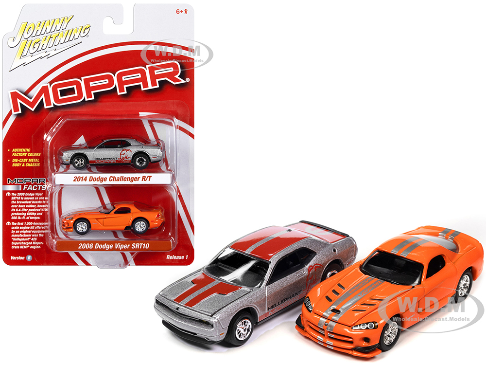 2014 Dodge Challenger R/T Hellephant Silver Metallic with Red Stripes and Graphics and 2008 Dodge Viper SRT10 Orange with Silver Stripes MOPAR Set of 2 Cars 2-Packs 2023 Release 1 1/64 Diecast Model Cars by Johnny Lightning