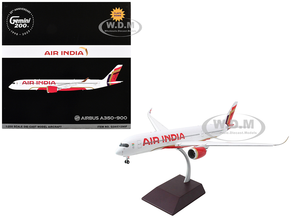 Airbus A350-900 Commercial Aircraft with Flaps Down Air India (VT-JRH) White with Striped Tail Gemini 200 Series 1/200 Diecast Model Airplane by GeminiJets