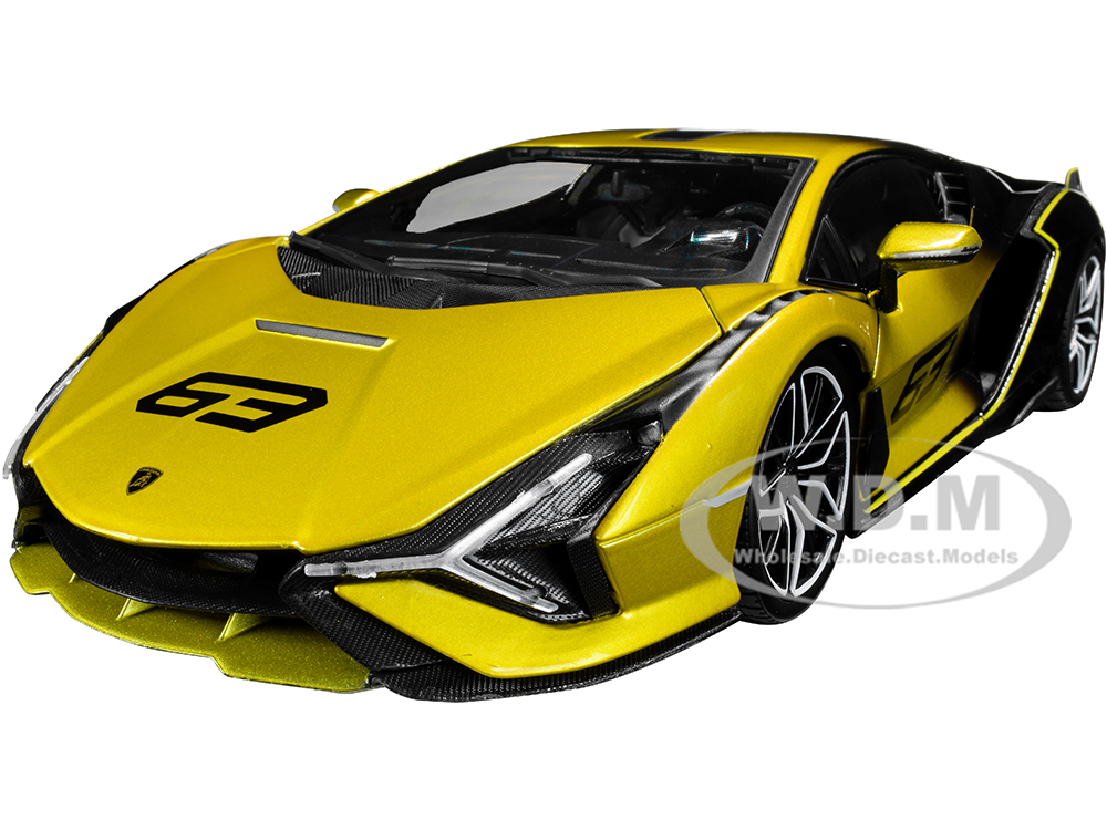 Lamborghini Sian FKP 37 #63 Yellow Metallic and Black 1/18 Diecast Model Car by Bburago