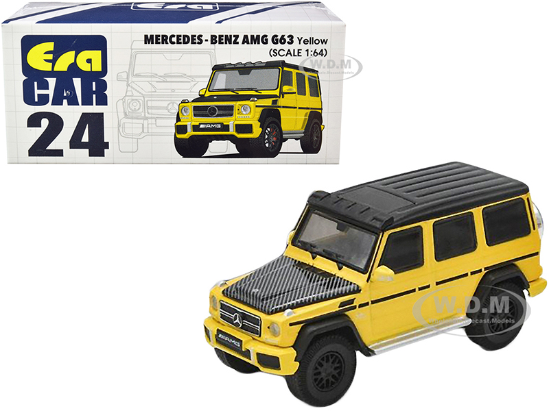Image of Mercedes Benz AMG G63 Yellow with Black Top and Carbon Hood 1/64 Diecast Model Car by Era Car