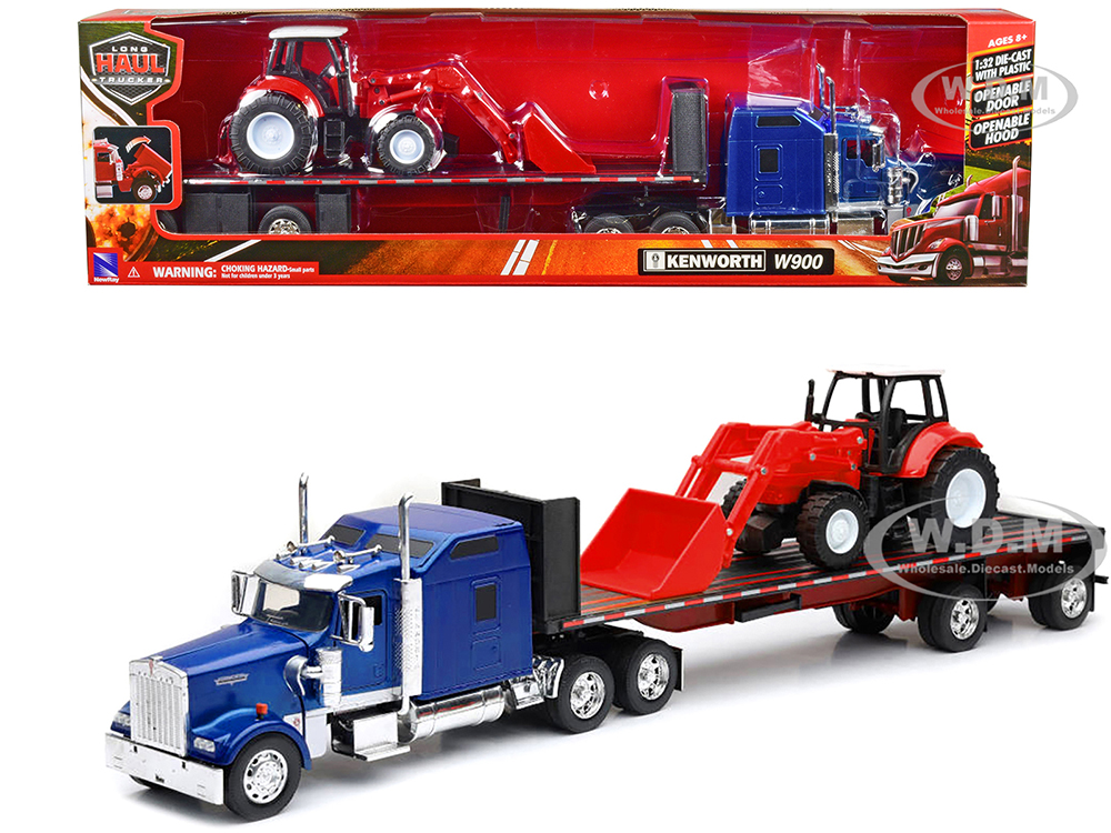 Kenworth W900 Truck with Flatbed Trailer Blue Metallic with Farm Tractor Red Long Haul Truckers Series 1/32 Diecast Model by New Ray