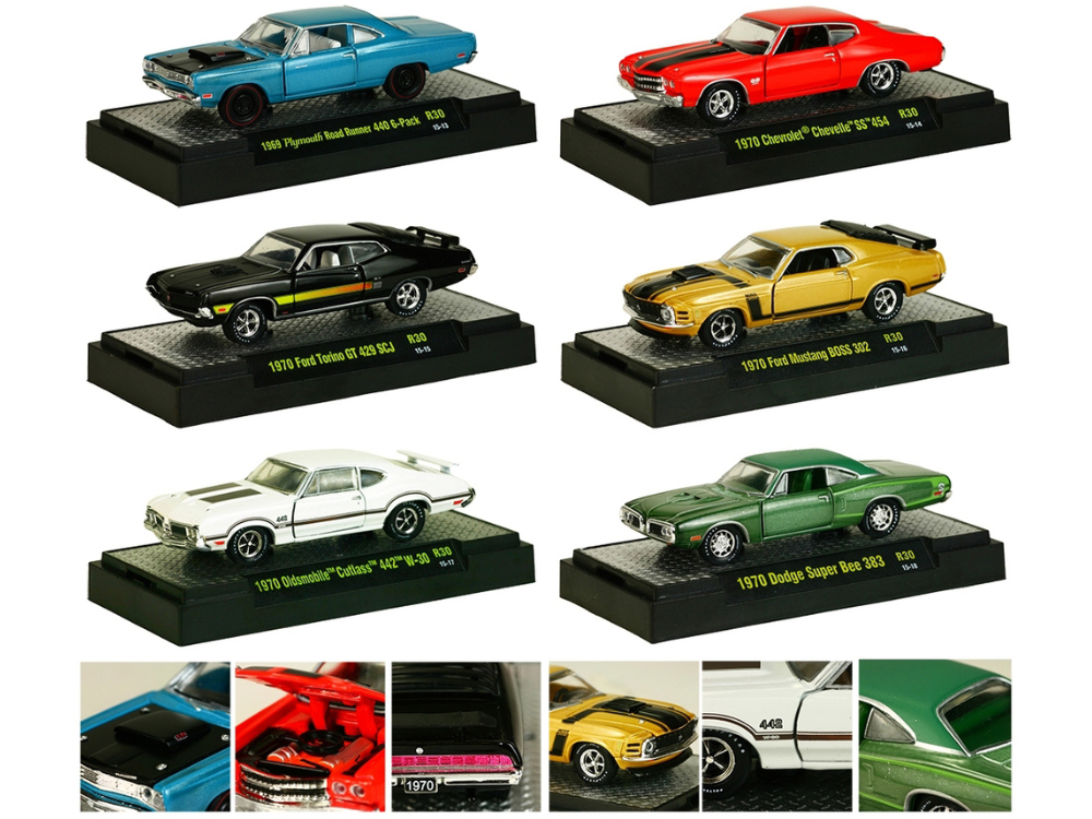 "Detroit Muscle" Set of 6 Cars Release 30 IN DISPLAY CASES 1/64 Diecast Model Cars by M2 Machines