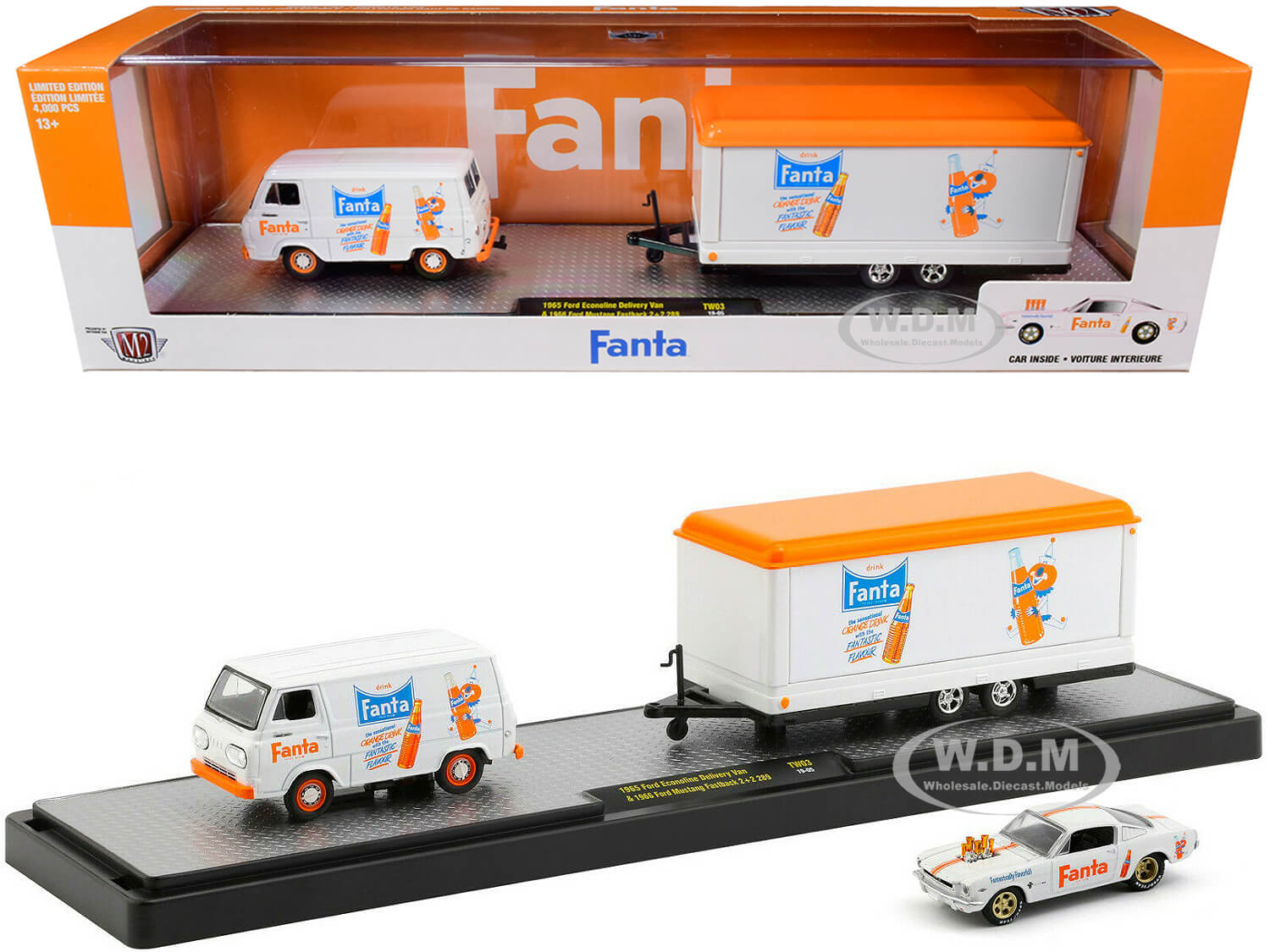 Image of 1965 Ford Econoline Delivery Van White with Trailer and 1966 Ford Mustang Fastback 22 289 White with Orange Stripes "Fanta" Set Limited Edition to 40