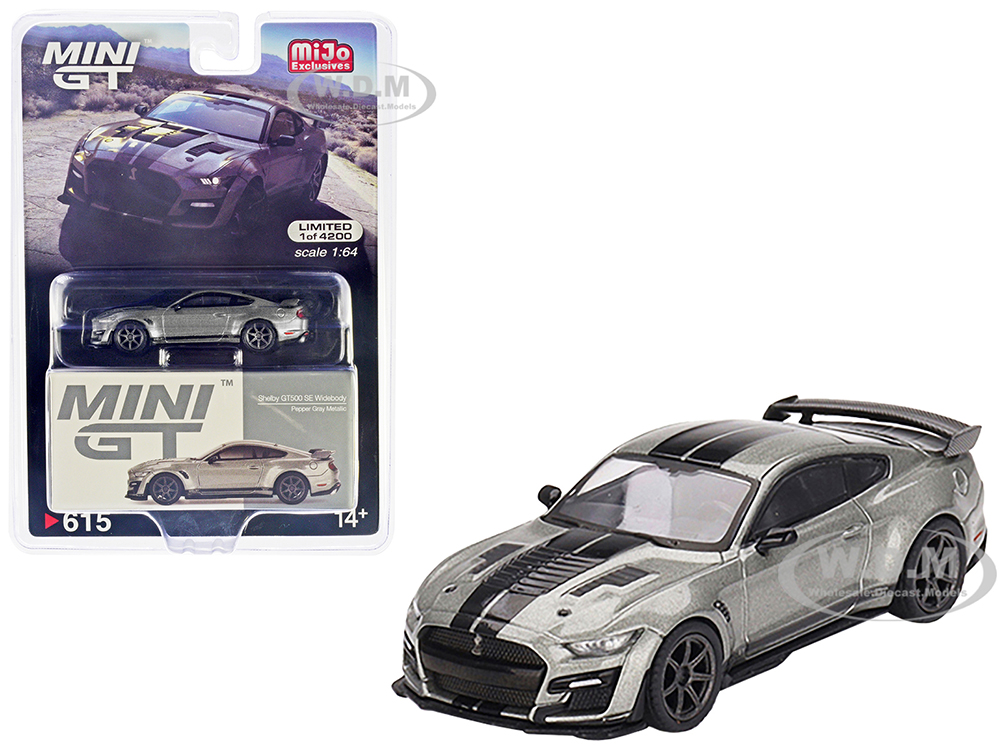 Shelby GT500 SE Widebody Pepper Gray Metallic with Black Stripes Limited Edition to 4200 pieces Worldwide 1/64 Diecast Model Car by True Scale Miniat