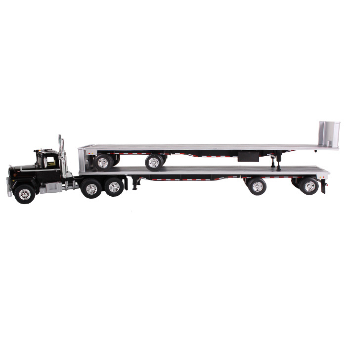 Image of Mack R Truck Black With Two 48ft Flatbed Trailers Stacked 1/64 Diecast Model by First Gear