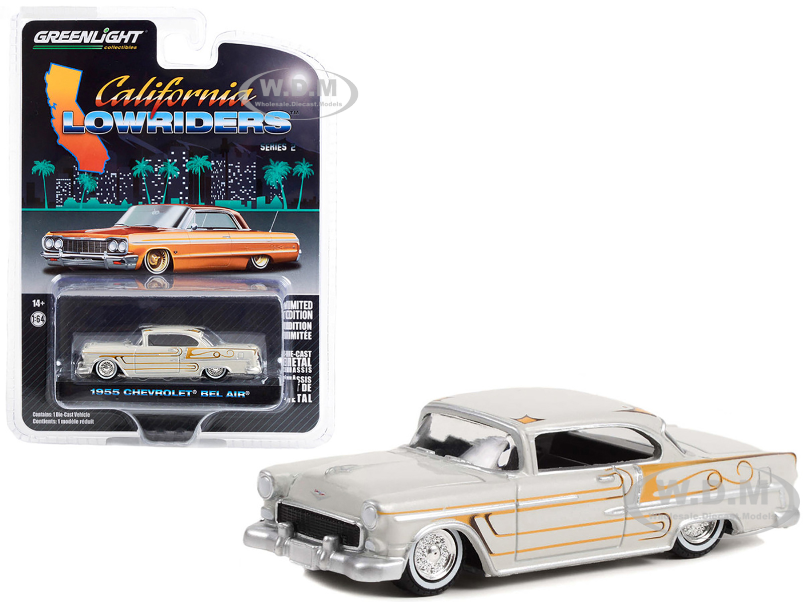 1955 Chevrolet Bel Air Custom Light Gray Metallic and Gold Graphics California Lowriders Series 2 1/64 Diecast Model Car by Greenlight