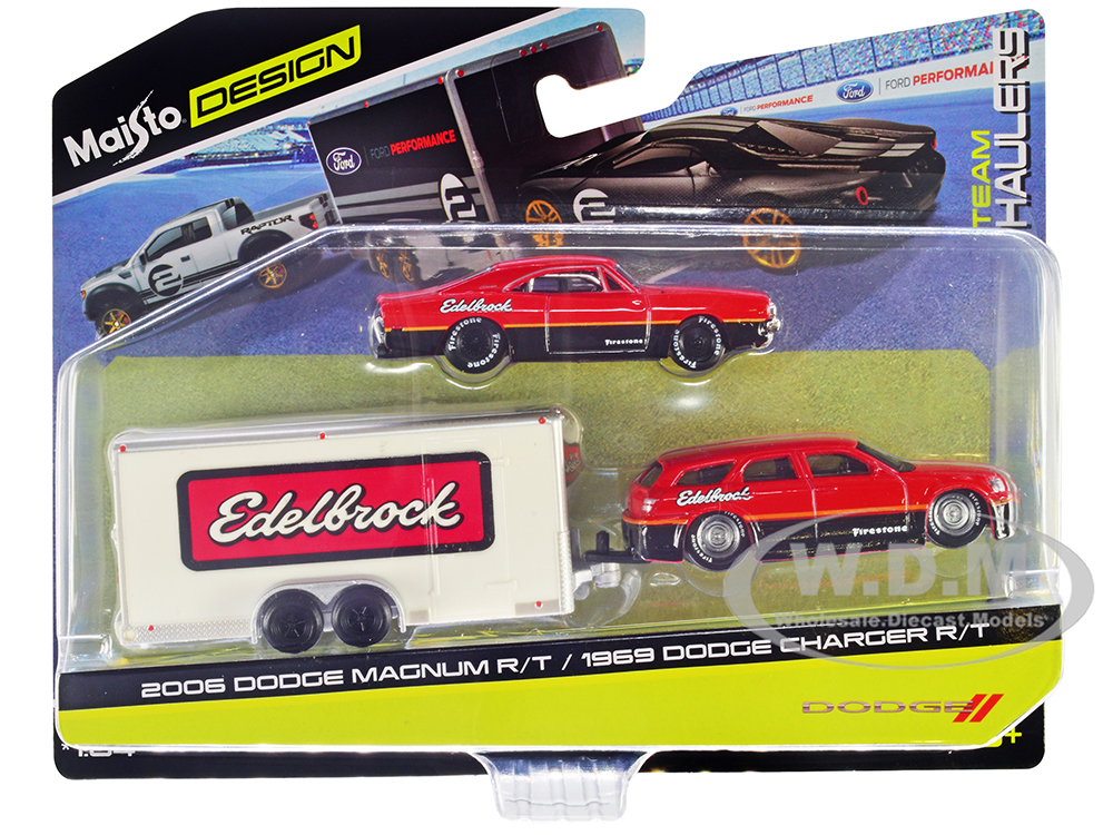 2006 Dodge Magnum R/T Red and Black and 1969 Dodge Charger R/T Red and Black with Enclosed Car Trailer "Edelbrock" "Team Haulers" Series 1/64 Diecast