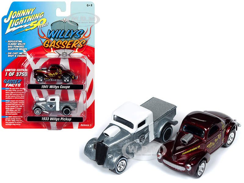 1941 Willys Metallic Dark Red "willy The Kid" And 1933 Willys Pickup Truck Raw With White Top "air Force" Set Of 2 Pieces "willys Gassers" Limited Ed