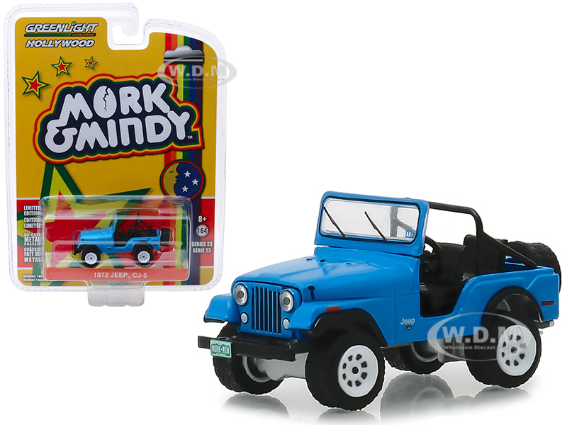 Image of 1972 Jeep CJ-5 Blue "Mork &amp; Mindy" (1978-1982) TV Series "Hollywood Series" Release 23 1/64 Diecast Model Car by Greenlight