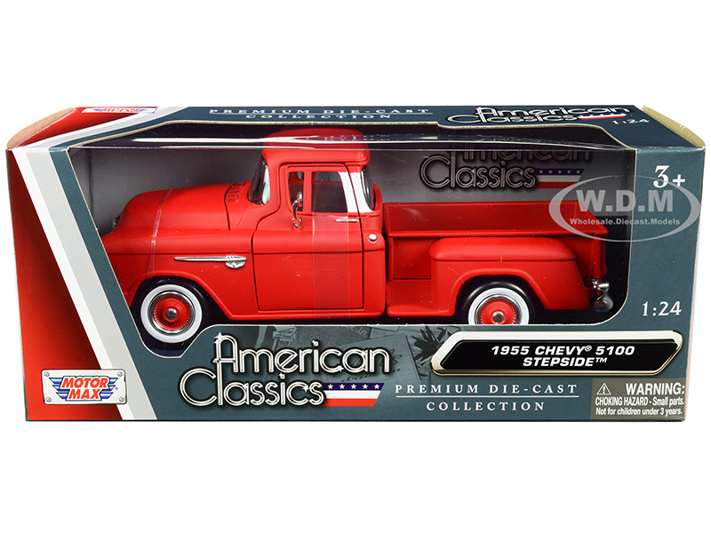 Image of 1955 Chevrolet 5100 Stepside Pickup Truck Matt Red with Whitewall Tires "American Classics" 1/24 Diecast Model Car by Motormax