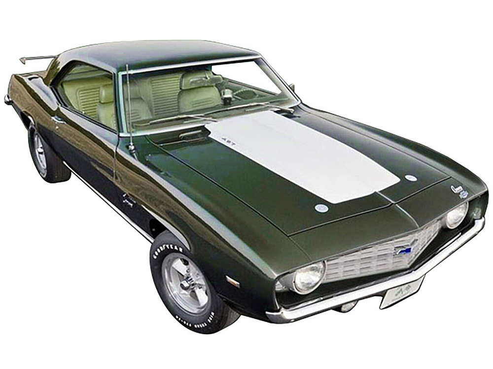 1969 Chevrolet Copo Camaro Dark Green Metallic with White Hood and Green Interior Built by Dick Harrell Limited Edition to 864 pieces Worldwide 1/18 Diecast Model Car by ACME