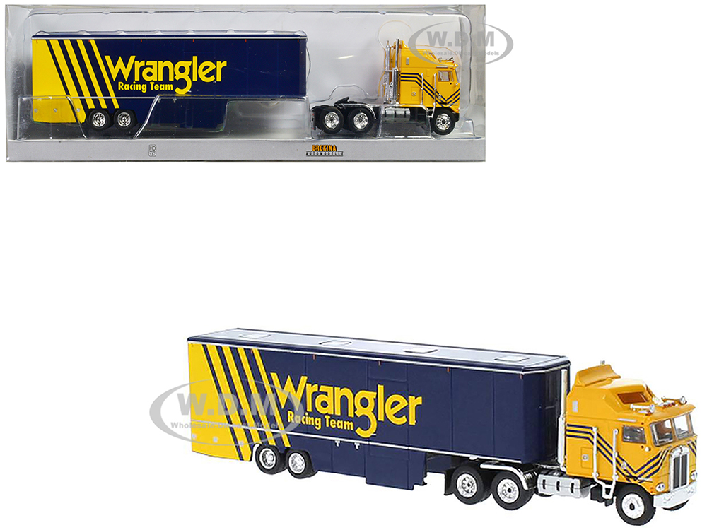 1980 Kenworth K-100 COE Aerodyne Transporter Yellow And Blue Wrangler Racing Team 1/87 (HO) Scale Model Car By Brekina