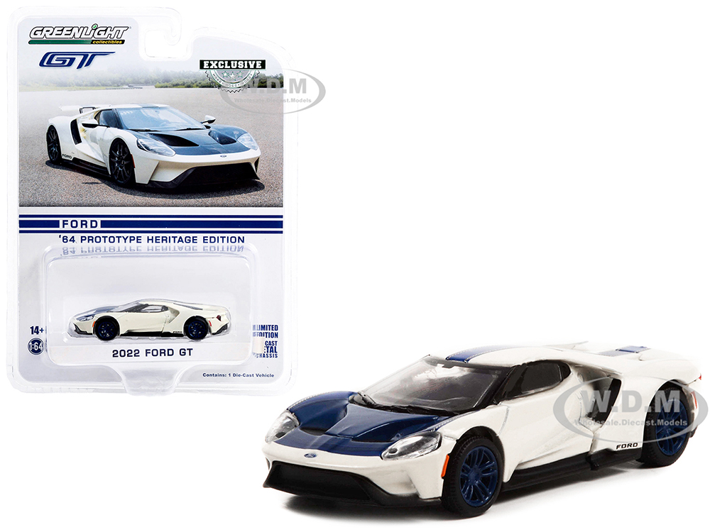 2022 Ford GT 1964 Prototype Heritage Edition White Metallic with Blue Hood and Stripe Hobby Exclusive Series 1/64 Diecast Model Car by Greenlight