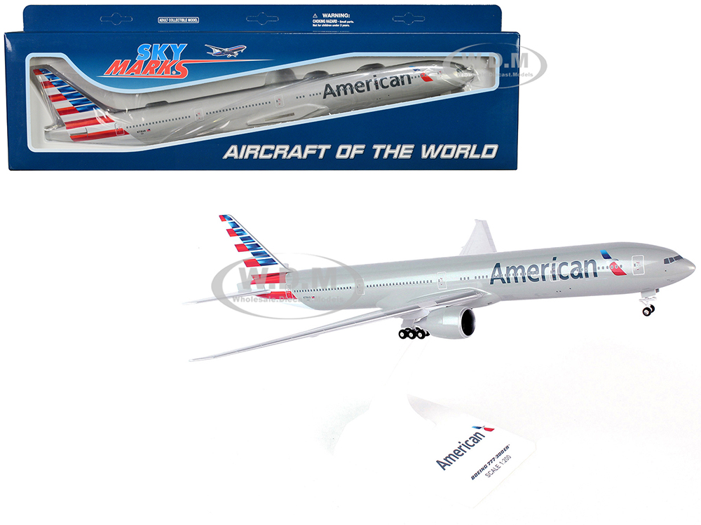 Boeing 777-300ER Commercial Aircraft with Landing Gear American Airlines (N718AN) Gray with Blue and Red Tail (Snap-Fit) 1/200 Plastic Model by Skymarks