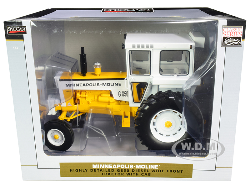 Image of Minneapolis Moline G850 Wide Front Diesel Tractor with Cab Yellow and White "Classic Series" 1/16 Diecast Model by SpecCast