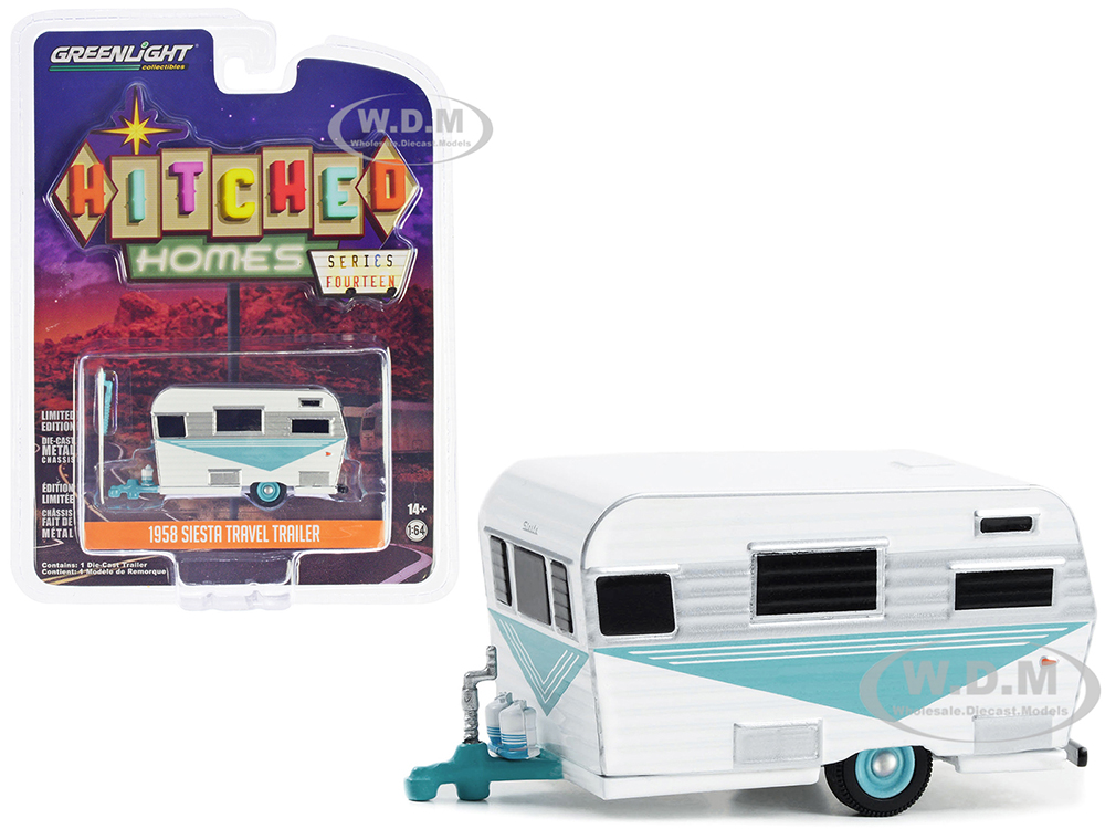 1958 Siesta Travel Trailer White and Teal with Polished Silver Stripes 