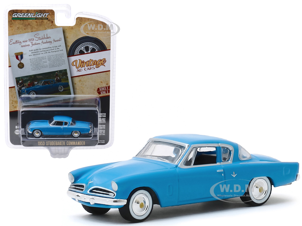 Image of 1953 Studebaker Commander Blue "Exciting New 1953 Studebaker Receives Fashion Academy Award" "Vintage Ad Cars" Series 2 1/64 Diecast Model Car by Gre