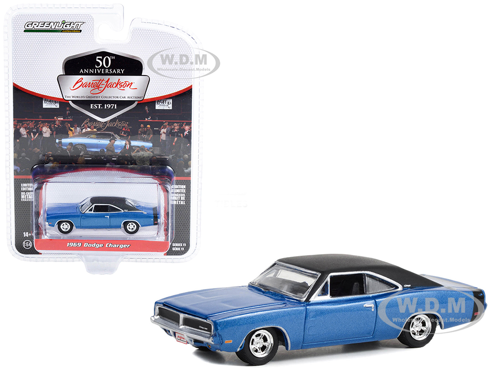 1969 Dodge Charger Blue Metallic with Black Vinyl Top and Tail Stripe (Lot 465.1) Barrett Jackson "Scottsdale Edition" Series 11 1/64 Diecast Model C