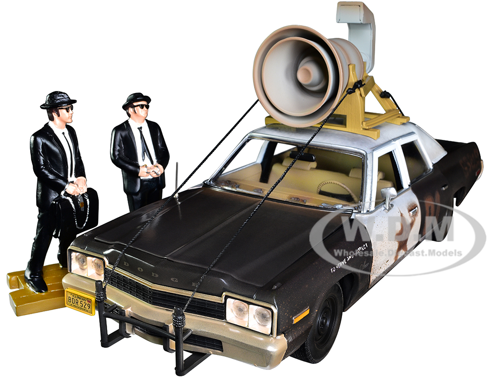 1974 Dodge Monaco Bluesmobile with Loud Speaker Black and White (Dirty) with Jake and Elwood Blues Figures The Blues Brothers (1980) Movie 1/18 Diecast Model Car by Auto World