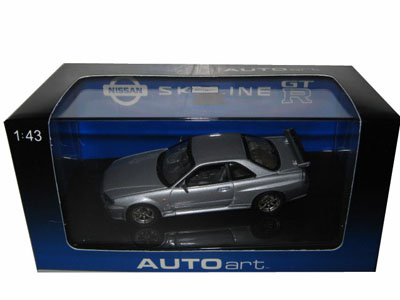 1999 Nissan Skyline GTR R34 Silver 1/43 Diecast Model Car by Autoart