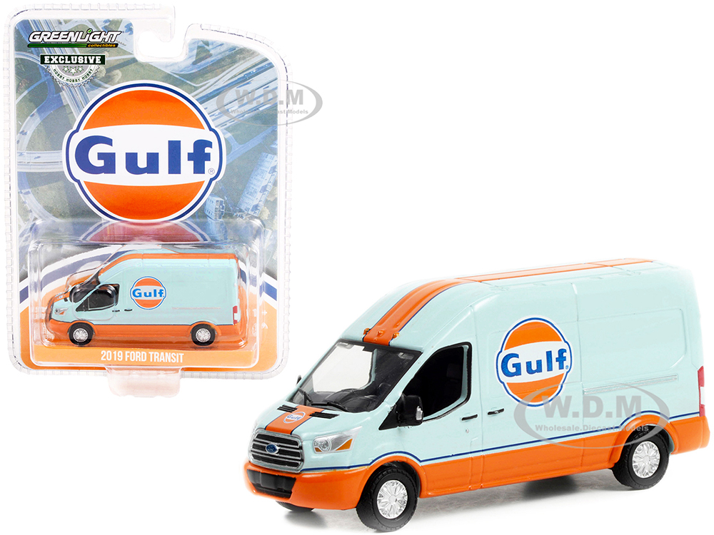 2019 Ford Transit LWB High Roof Van Gulf Oil Light Blue and Orange Hobby Exclusive 1/64 Diecast Model Car by Greenlight