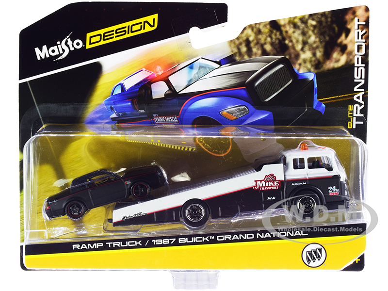 1987 Buick Grand National Matt Black with Red Stripes and Ramp Truck Black and White 