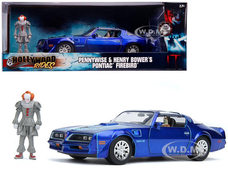 Henry Bowers Pontiac Firebird Trans Am Candy Blue with Pennywise Diecast Figurine It Chapter Two (2019) Movie 1/24 Diecast Model Car by Jada