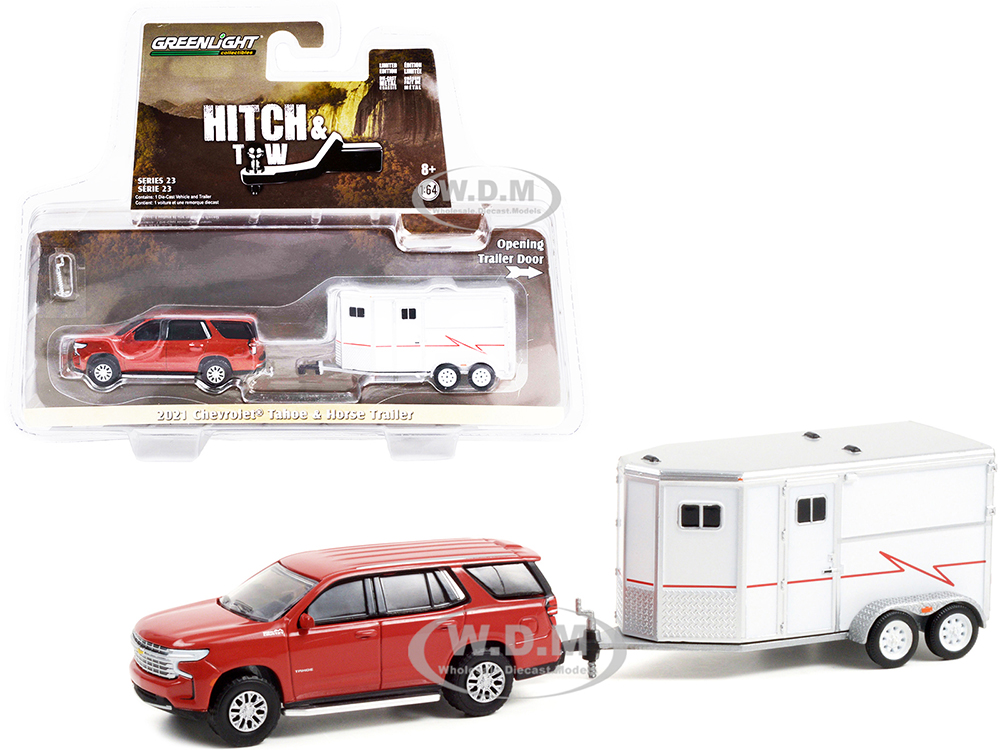 2021 Chevrolet Tahoe Cherry Red Pearl with White Horse Trailer "Hitch &amp; Tow" Series 23 1/64 Diecast Model Car by Greenlight