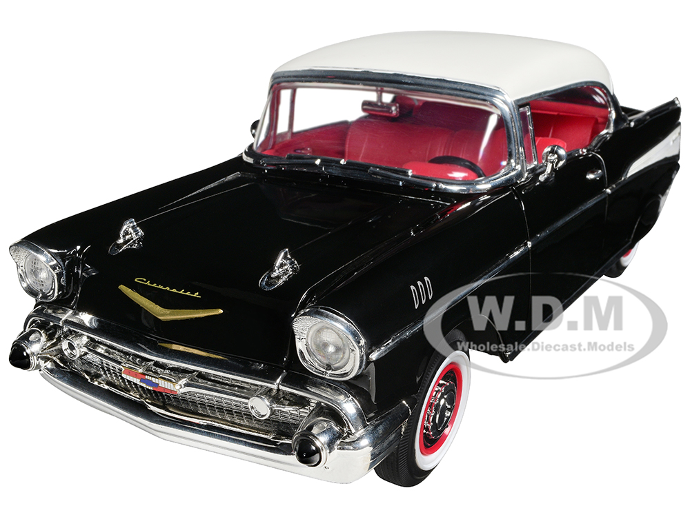 1957 Chevrolet Bel Air Hardtop Black with White Top and Red Interior 1/18 Diecast Model Car by Road Signature