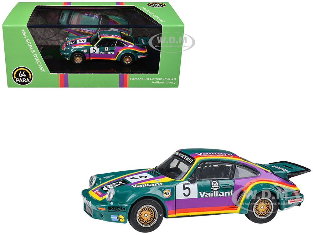 1975 Porsche 911 Carrera RSR 3.0 5 "Kremer Racing - Vaillant" Green with Stripes 1/64 Diecast Model Car by Paragon Models