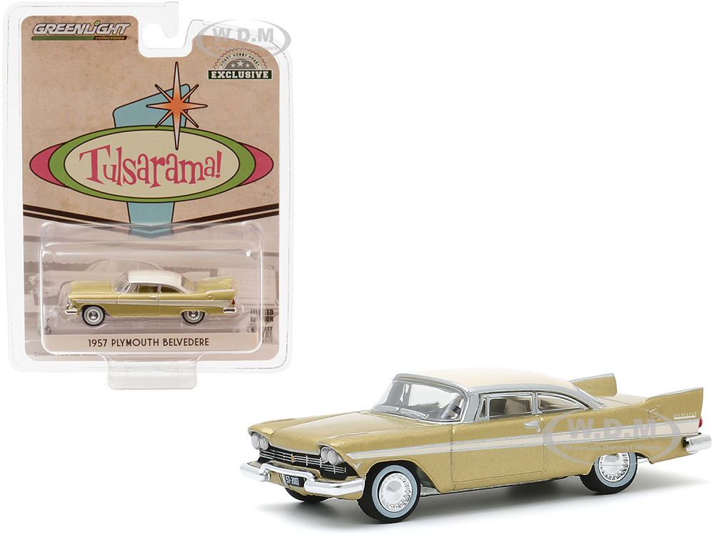 Image of 1957 Plymouth Belvedere Desert Gold with Sand Dune White Top Tulsa Oklahoma "Tulsarama" Underground Vault (1957) "Hobby Exclusive" 1/64 Diecast Model