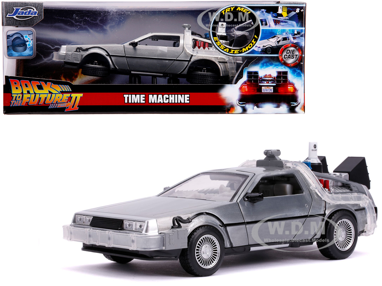 DeLorean Brushed Metal Time Machine with Lights (Flying Version) Back to the Future Part II (1989) Movie Hollywood Rides Series 1/24 Diecast Model Car by Jada