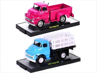 Auto Trucks 1957 Dodge 700 Coe Pink & Blue 2 Cars Set Release 21d With Cases 1/64 Diecast Model Cars By M2 Machines