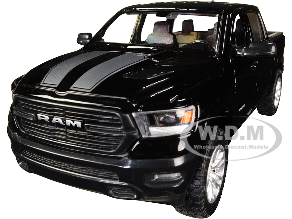 2019 RAM 1500 Laramie Crew Cab Pickup Truck Black with Silver Stripes 1/24 Diecast Model Car by Motormax