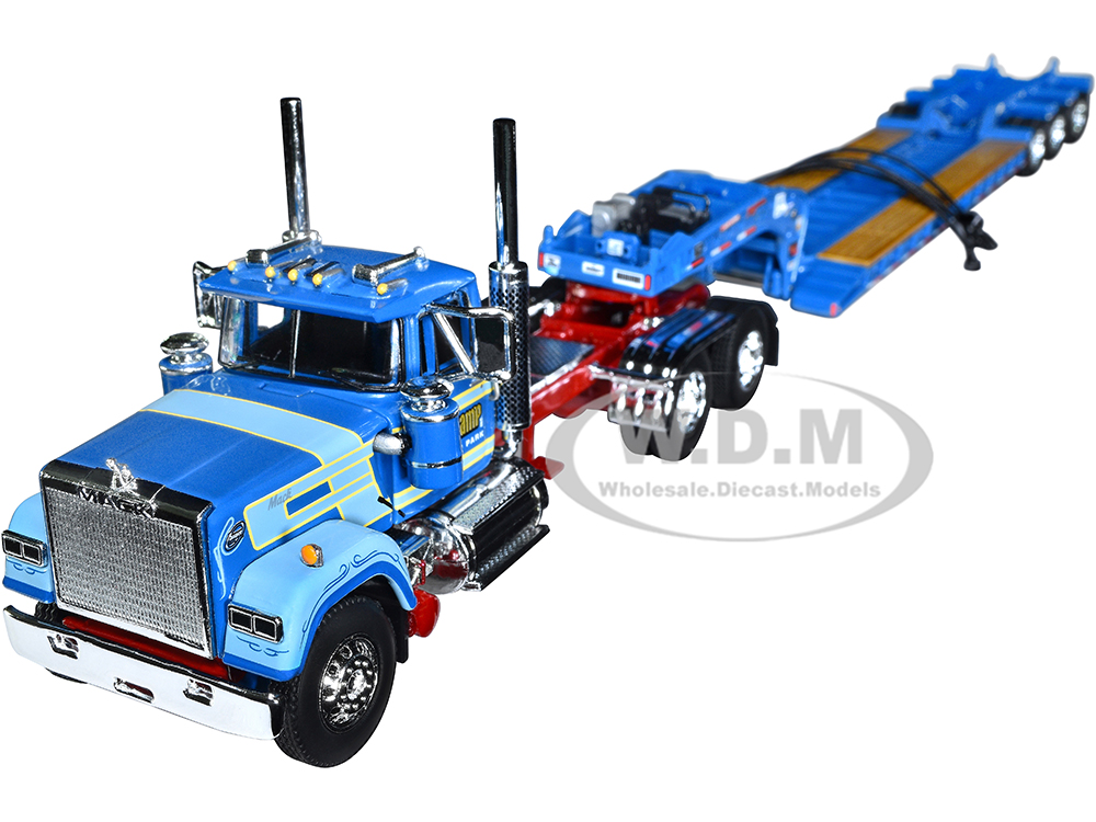 Mack Super-Liner Day Cab and Fontaine Magnitude Tri-Axle Lowboy Trailer "Sid Kamp" Blue 1/64 Diecast Model by DCP/First Gear