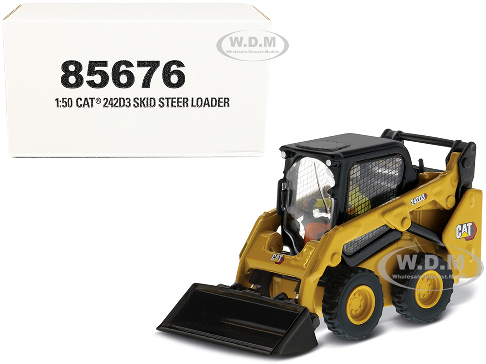 CAT Caterpillar 242D3 Wheeled Skid Steer Loader with Work Tools and Operator Yellow High Line Series 1/50 Diecast Model by Diecast Masters