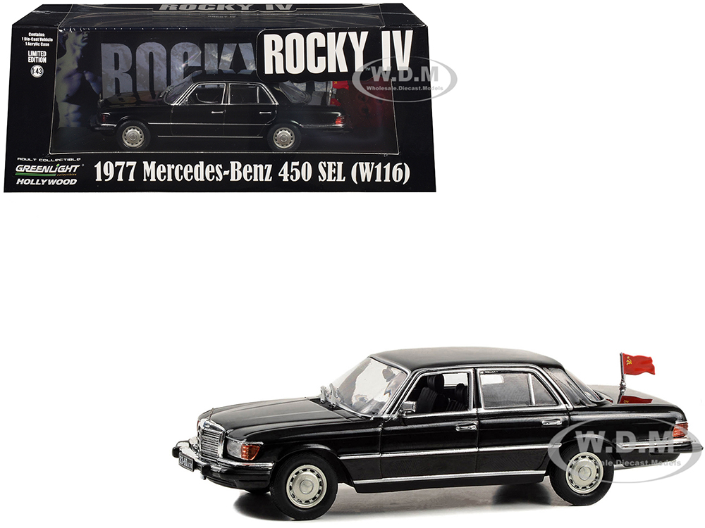 1977 Mercedes-Benz 450 SEL (W116) Black with Soviet Flag "Rocky IV" (1985) Movie 1/43 Diecast Model Car by Greenlight