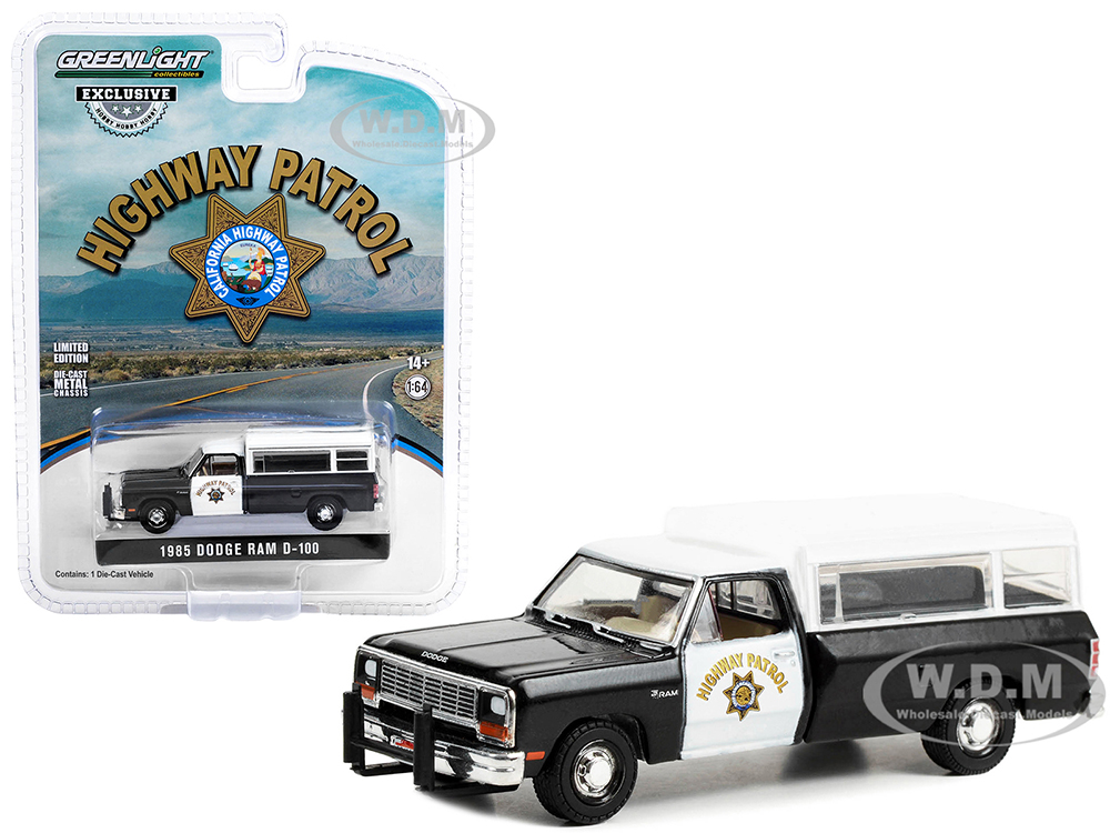1985 Dodge Ram D-100 Pickup Truck Black and White "California Highway Patrol" with Camper Shell "Hobby Exclusive" Series 1/64 Diecast Model Car by Gr