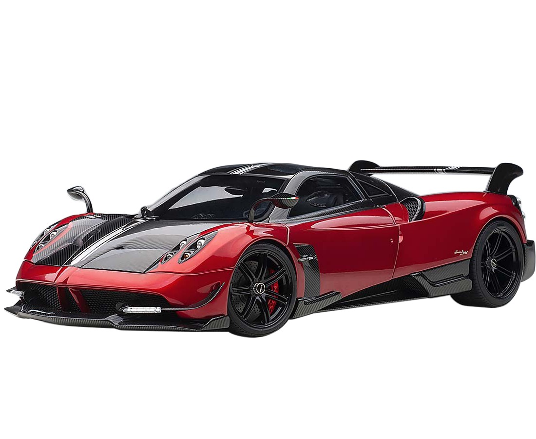 Pagani Huayra Bc Rosso Dubai Red Metallic And Carbon Fiber With Silver Stripe 1/18 Diecast Model Car By Autoart