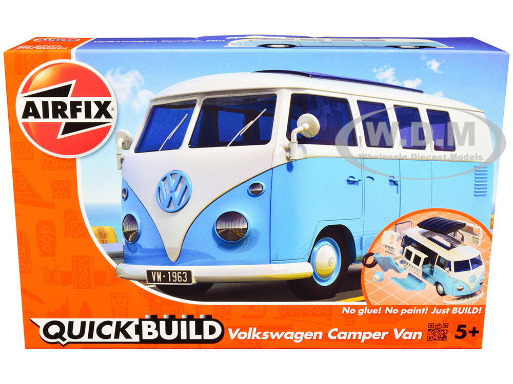 Skill 1 Model Kit Volkswagen Camper Van Blue Snap Together Painted Plastic Model Car Kit by Airfix Quickbuild