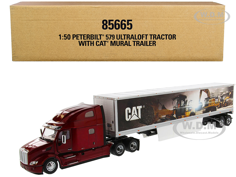 Peterbilt 579 UltraLoft Truck Tractor Red with "CAT Caterpillar" Mural Dry Van Trailer "Transport Series" 1/50 Diecast Model by Diecast Masters