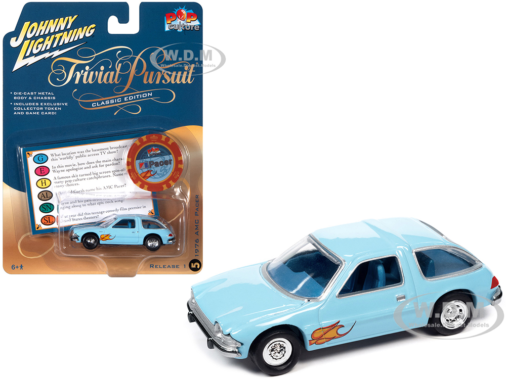 1976 AMC Pacer Light Blue with Flames with Poker Chip and Game Card "Trivial Pursuit" "Pop Culture" 2023 Release 1 1/64 Diecast Model Car by Johnny L