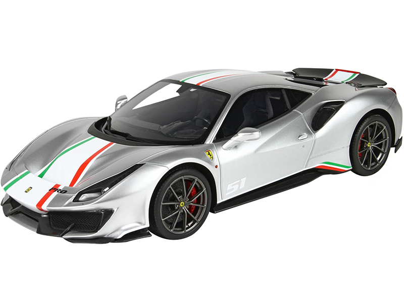 Image of Ferrari 488 Pista Piloti Argento Nurburgring Silver with White Green and Red Stripes with DISPLAY CASE Limited Edition to 70 pieces Worldwide 1/18 Mo