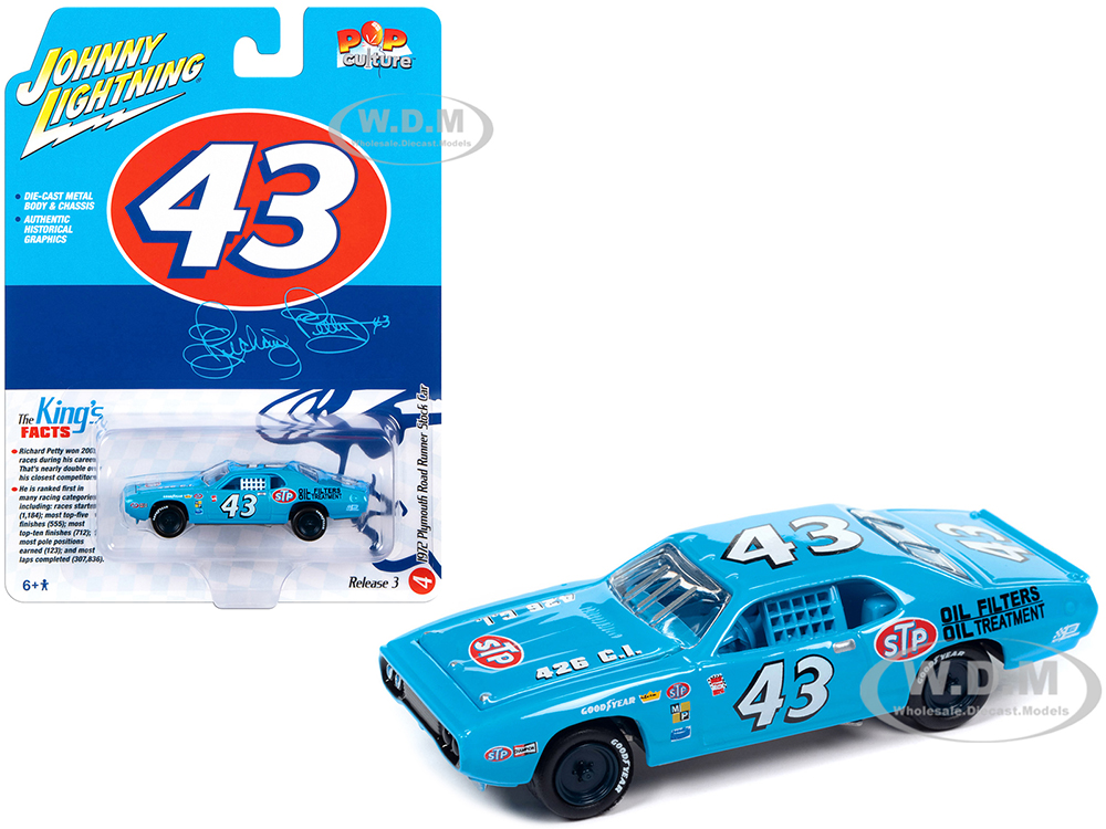 1972 Plymouth Road Runner Stock Car 43 Richard Petty "STP" Blue "Pop Culture" 2023 Release 3 1/64 Diecast Model Car by Johnny Lightning