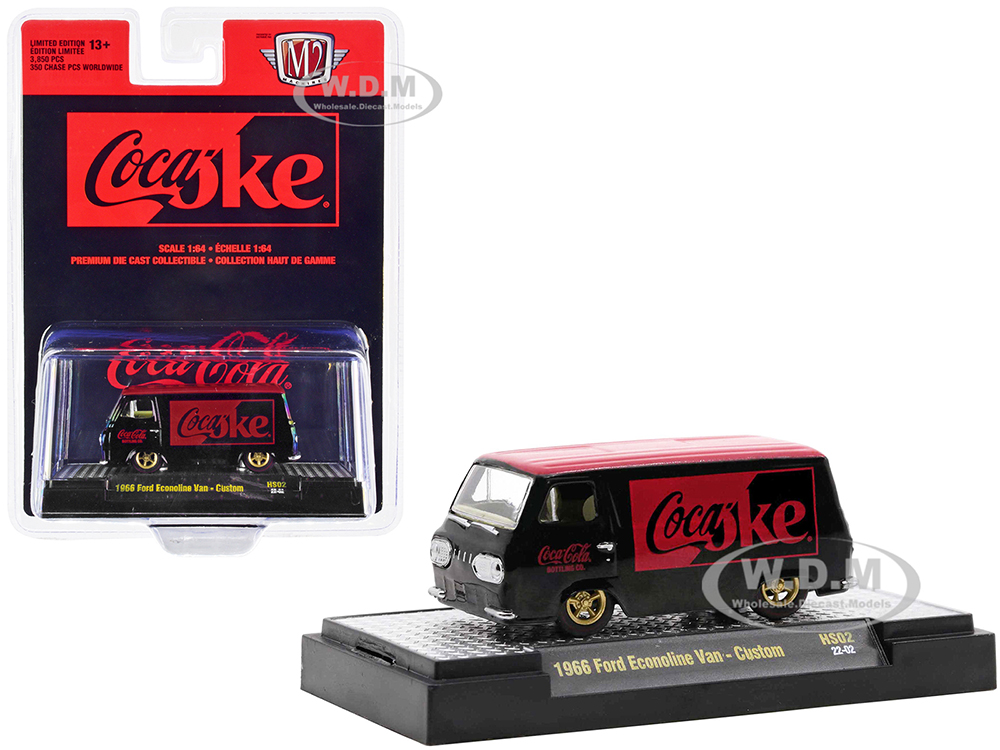 1966 Ford Econoline Custom Van "Coca-Cola" Black with Coke Red Top Limited Edition to 3850 pieces Worldwide 1/64 Diecast Model Car by M2 Machines
