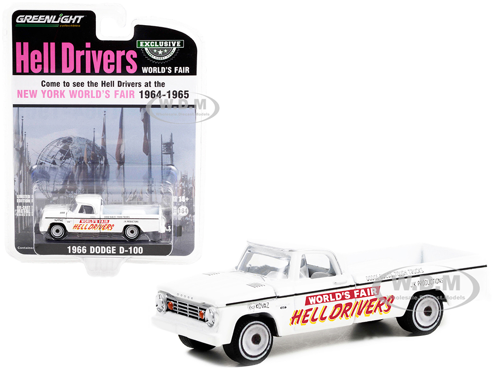 1966 Dodge D-100 Pickup Truck White "Hell Drivers" "New York Worlds Fair" (1964-1965) "Hobby Exclusive" 1/64 Diecast Model Car by Greenlight