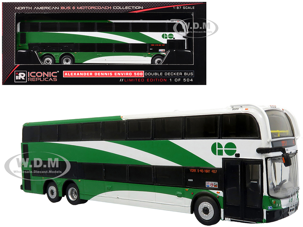 Alexander Dennis Enviro 500 Double Decker Bus GO Transit White and Green North American Bus & Motorcoach Collection Limited Edition to 504 pieces Worldwide 1/87 (HO) Diecast Model by Iconic Replicas