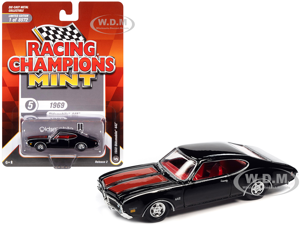 1969 Oldsmobile 442 Black with Red Stripes and Red Interior "Racing Champions Mint 2022" Release 2 Limited Edition to 8572 pieces Worldwide 1/64 Diec