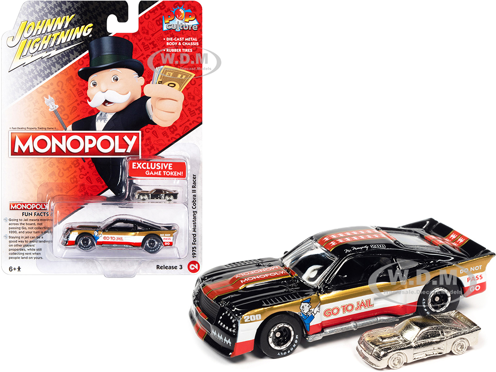 1975 Ford Mustang Cobra II Racer "Go to Jail" Black and White with Gold and Red Stripes with Game Token "Monopoly" "Pop Culture" Series 3 1/64 Diecas